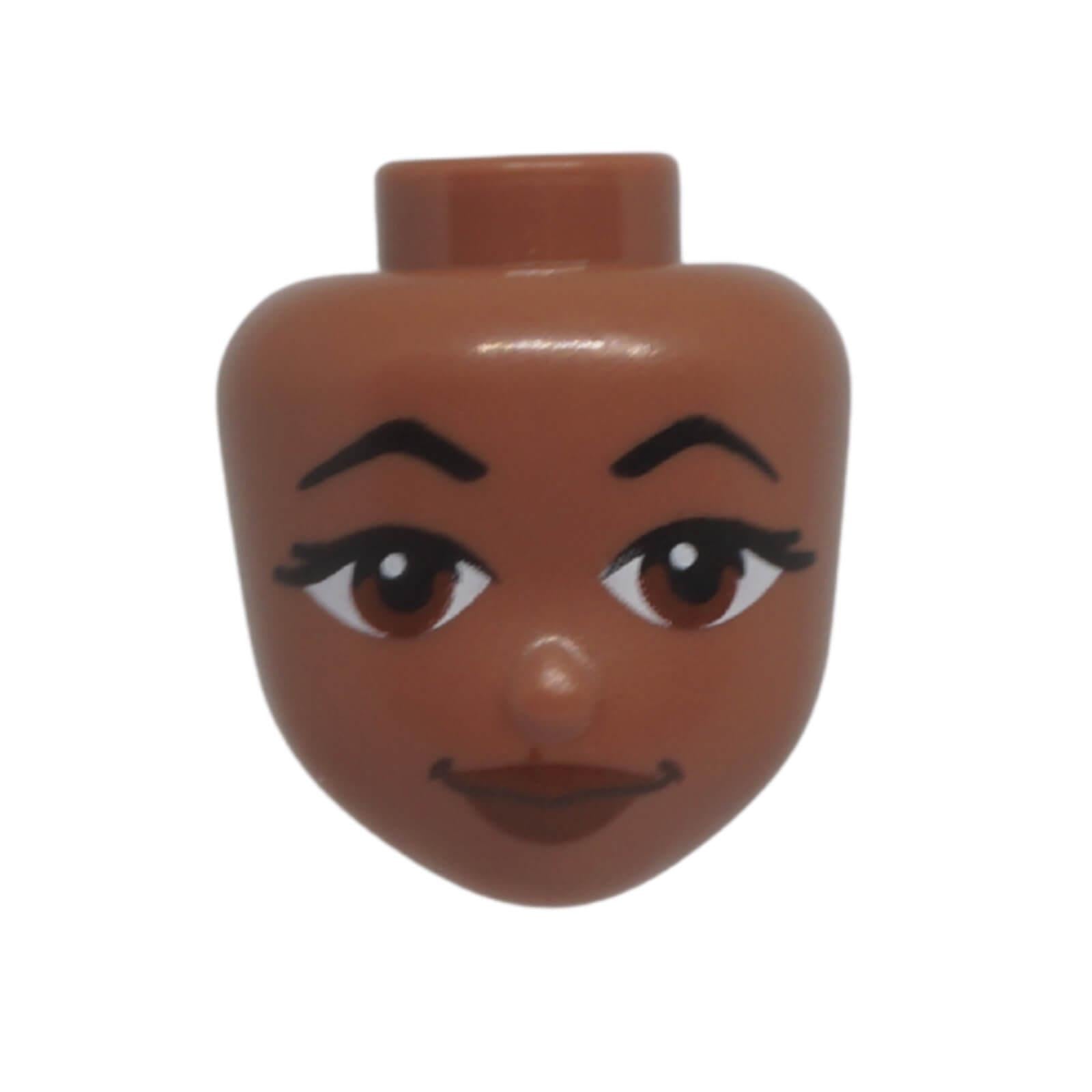 Front view of LEGO® Friends mini-doll head 104964 with angled black eyebrows, reddish brown eyes and a closed-mouth grin