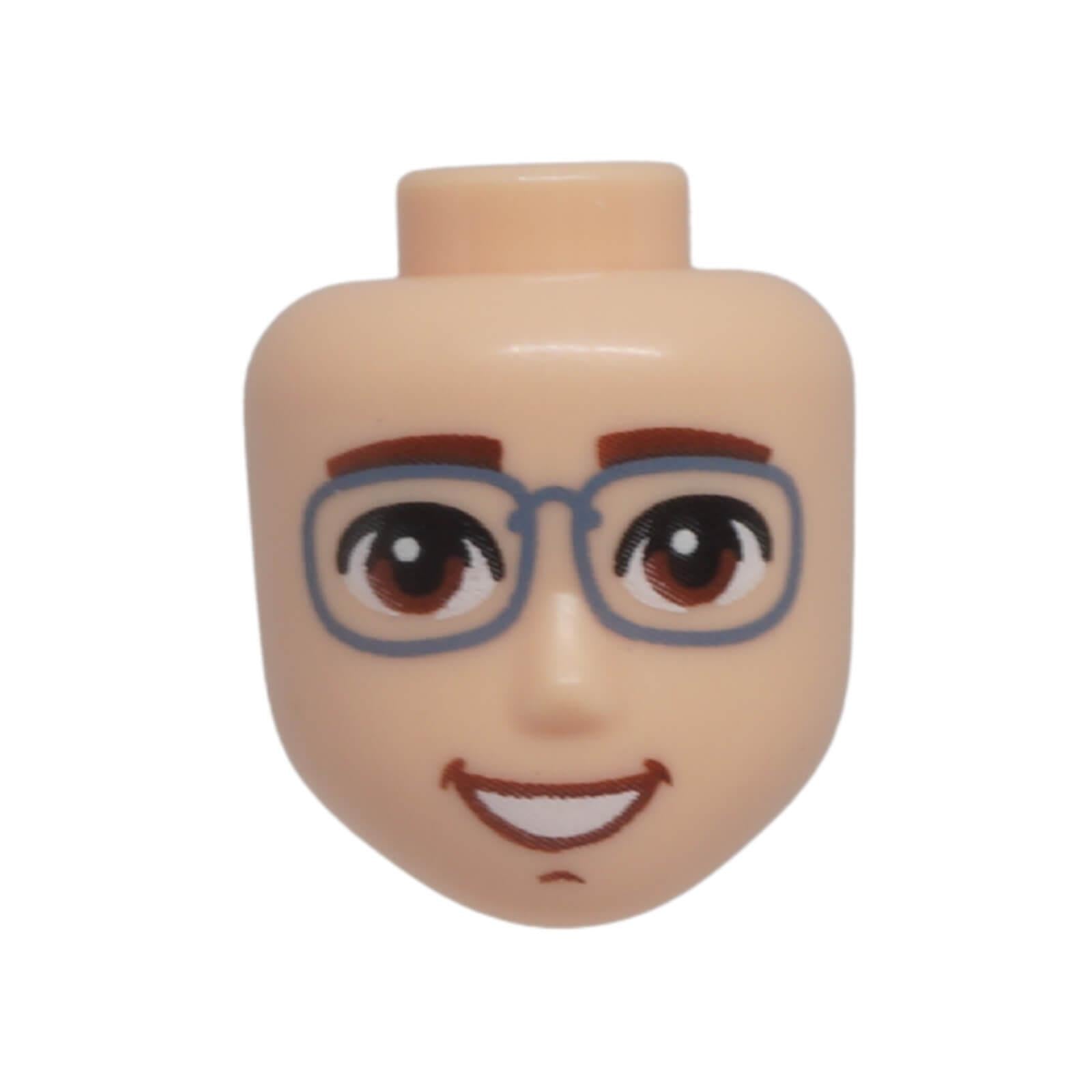 Front view of LEGO® Friends male mini-doll head 106034 with sand blue glasses and an open-mouth smile with white teeth