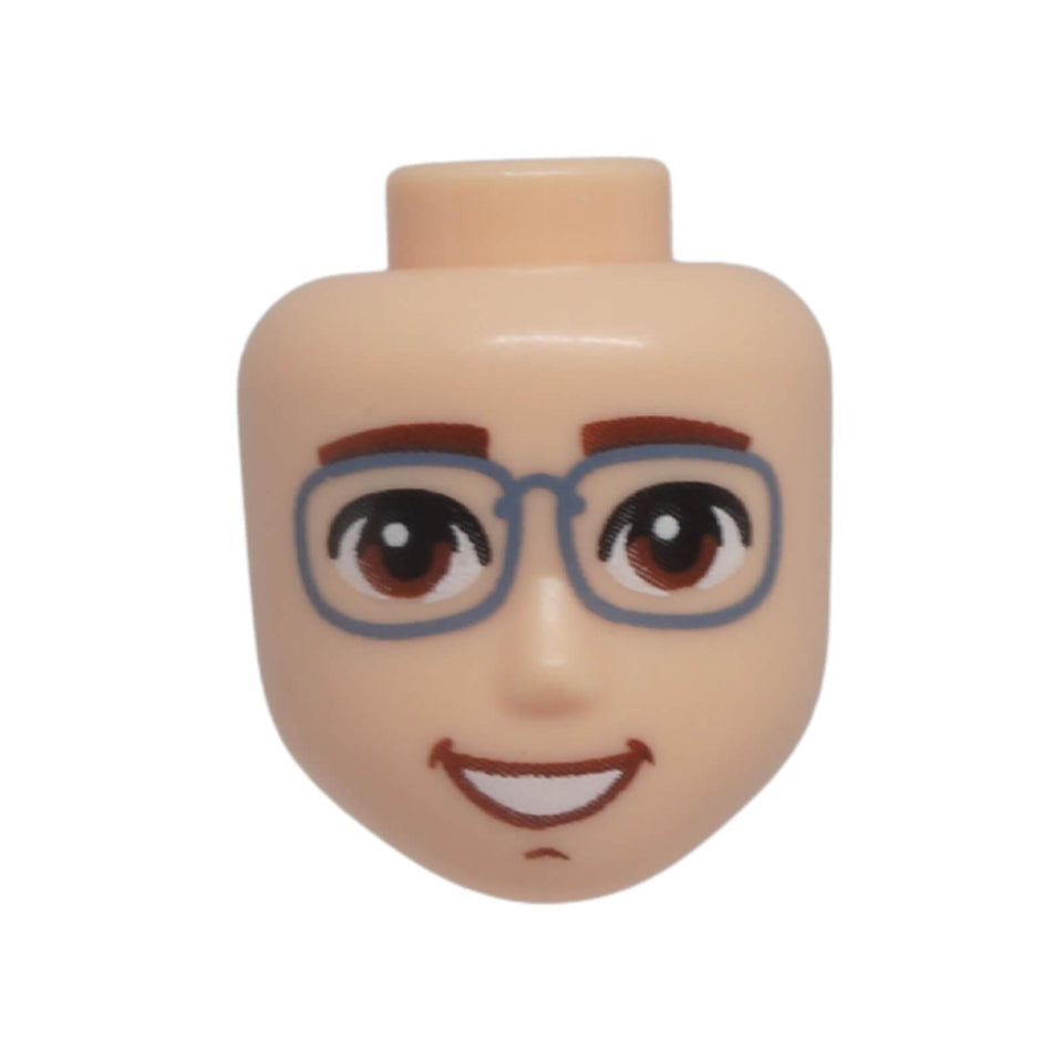 Front view of LEGO® Friends male mini-doll head 106034 with sand blue glasses and an open-mouth smile with white teeth