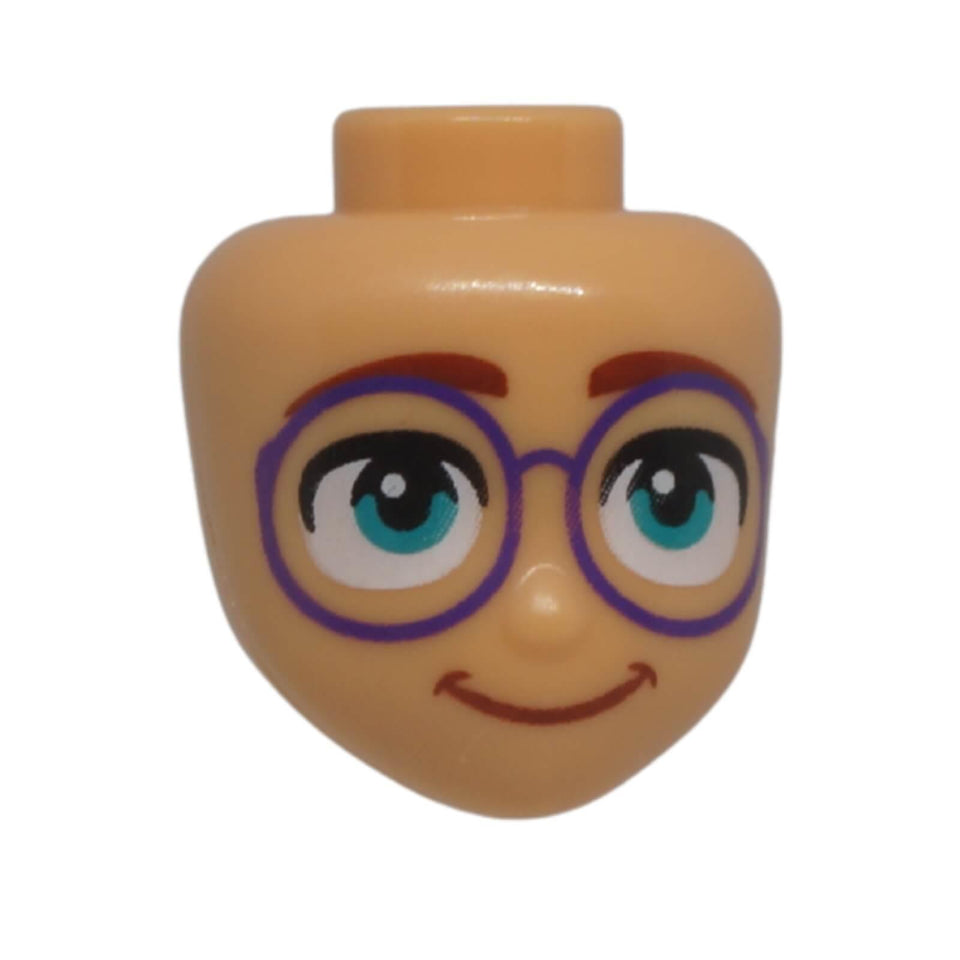 Front view of LEGO® Friends mini-doll head 107120 with dark purple round glasses, dark turquoise eyes and a closed-mouth smile