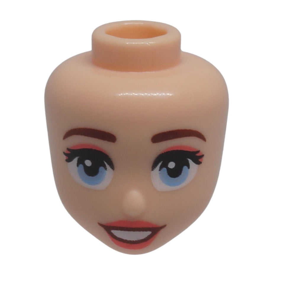 Front view of LEGO® Friends mini-doll head 109610 with bright light blue eyes, coral eye shadow and an open-mouth smile