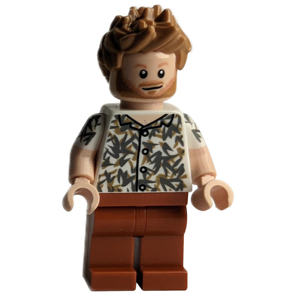 LEGO Bobby Berk minifigure, front view, patterned shirt and brown pants.