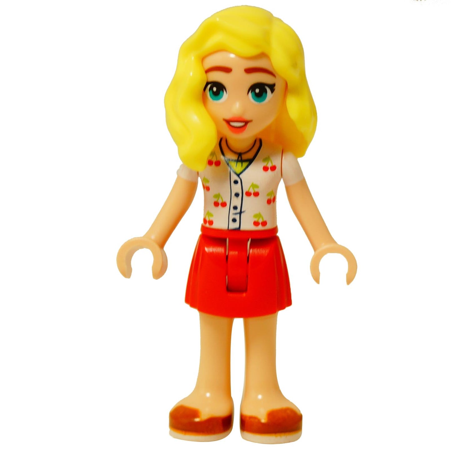 LEGO® Muñeca mini de Friends Matilde con blusa de cereza, falda roja y zapatos naranja oscuro frnd774 vista frontal