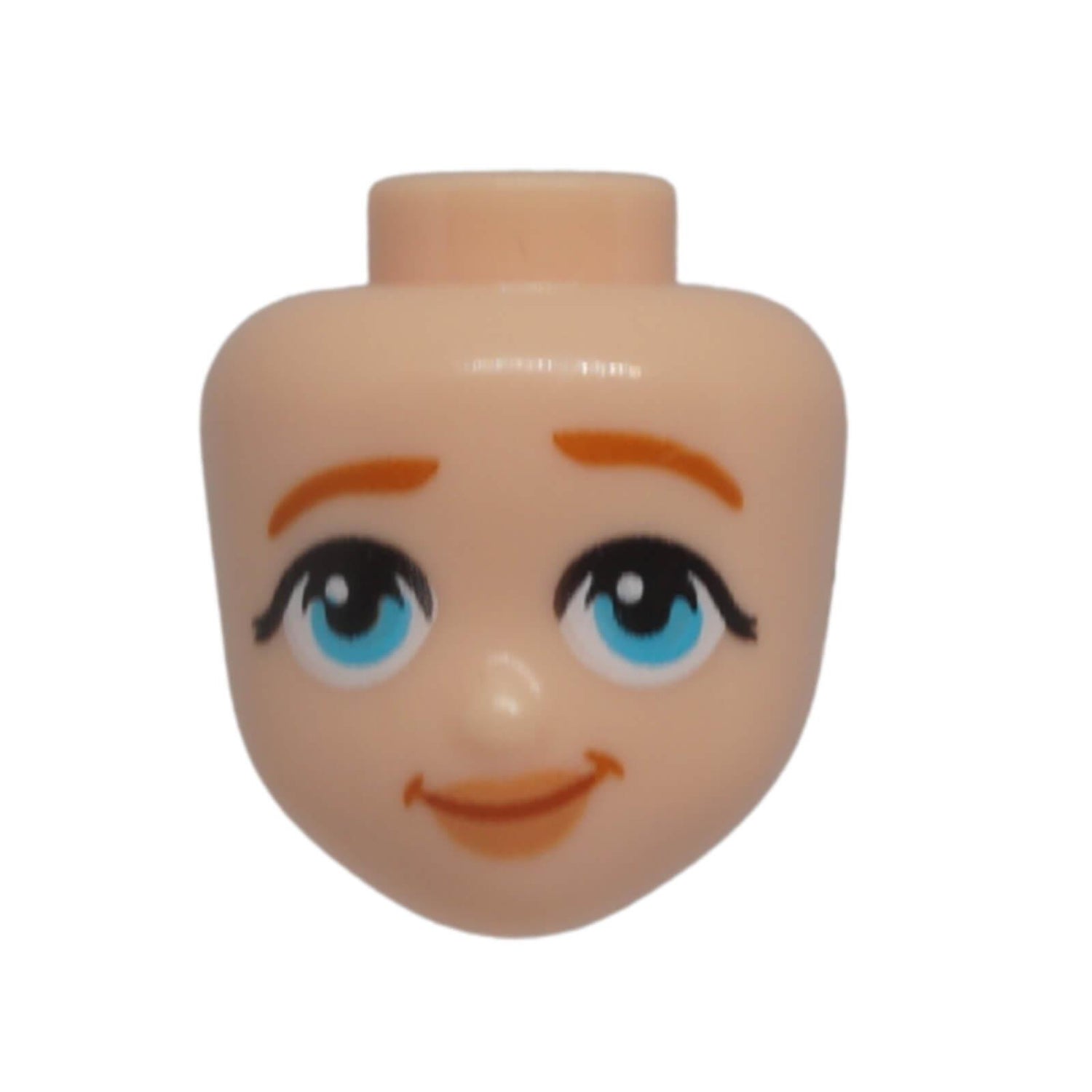 Front view of LEGO® Friends mini-doll head 110408 with medium azure eyes, one raised eyebrow and a lopsided grin