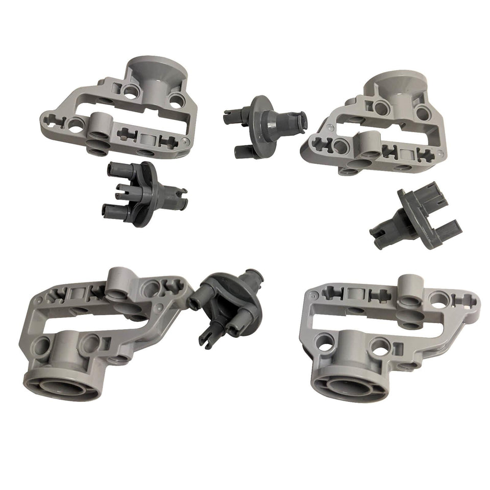 LEGO® Technic steering portal axle and hub set with four wheel hubs and connecting parts, 8 pieces total.