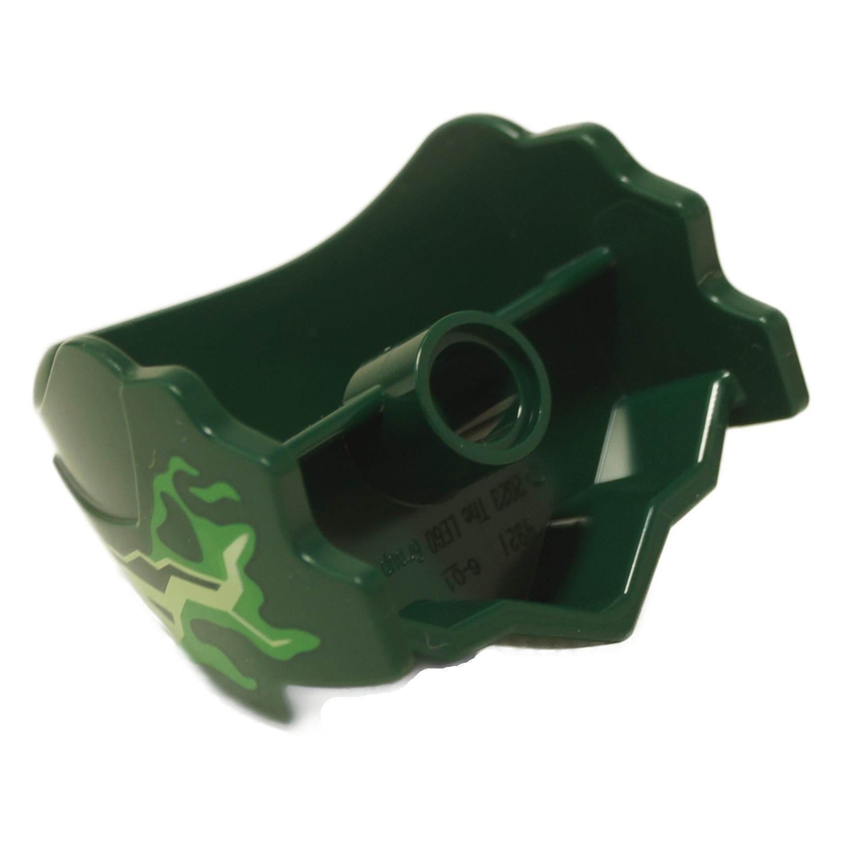 LEGO® Elemento de cabeza de dragón de energía verde NINJAGO con un ojo estilizado y marcas de estilo rayo, utilizado para construcciones de dragones y efectos de poder
vista inferior