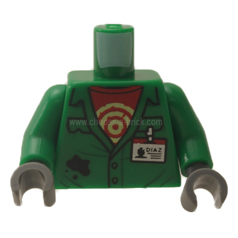 Verde Cuerpo de overoles con bolsillos, Rojo Camiseta interior con círculos, placa de identificación plateada 'DIAZ', Negro Patrón de manchas - Verde Brazos - Gris Azulado Oscuro Manos