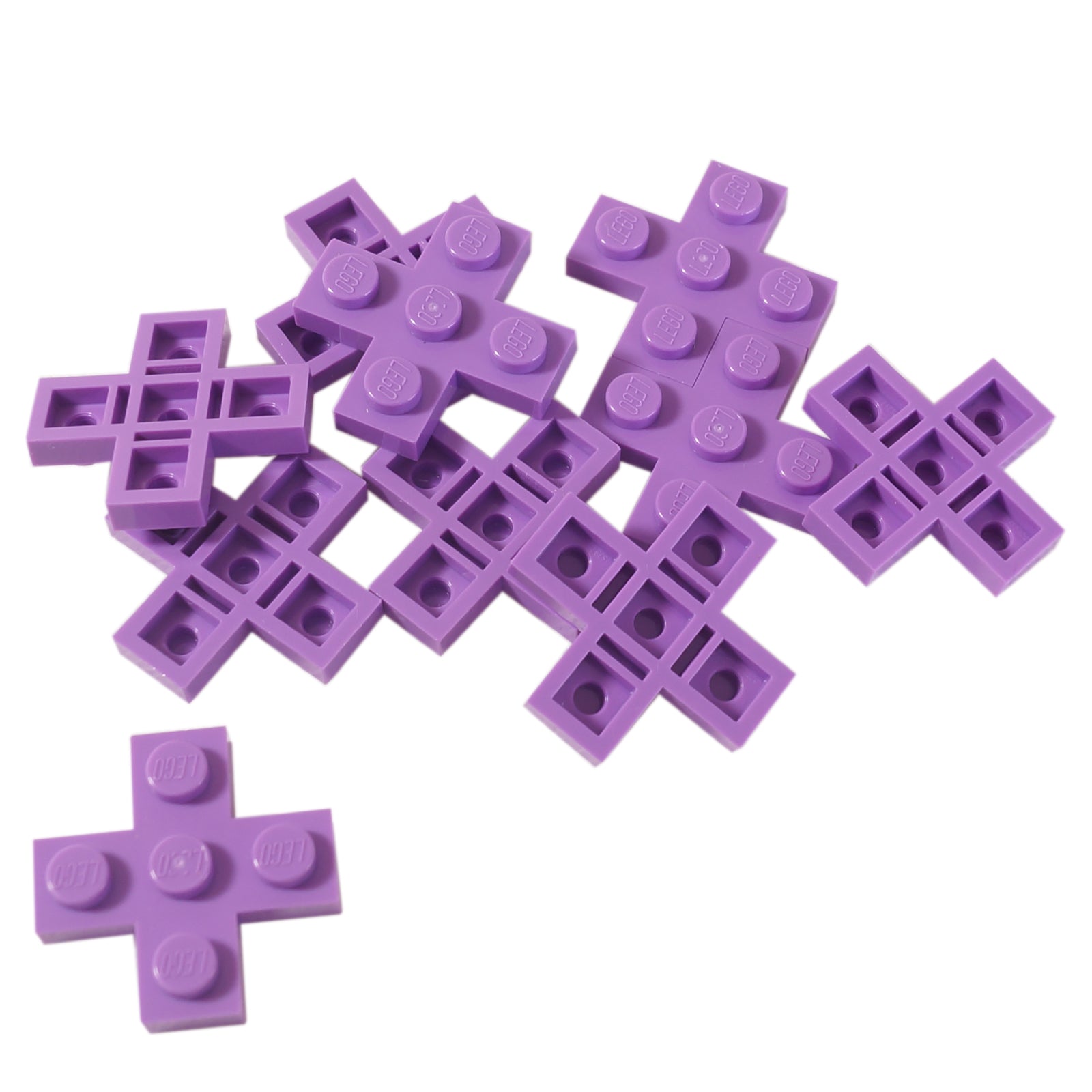 LEGO Plate 3 x 3 Cross part 15397 with five top studs and recessed underside structure medium lavender