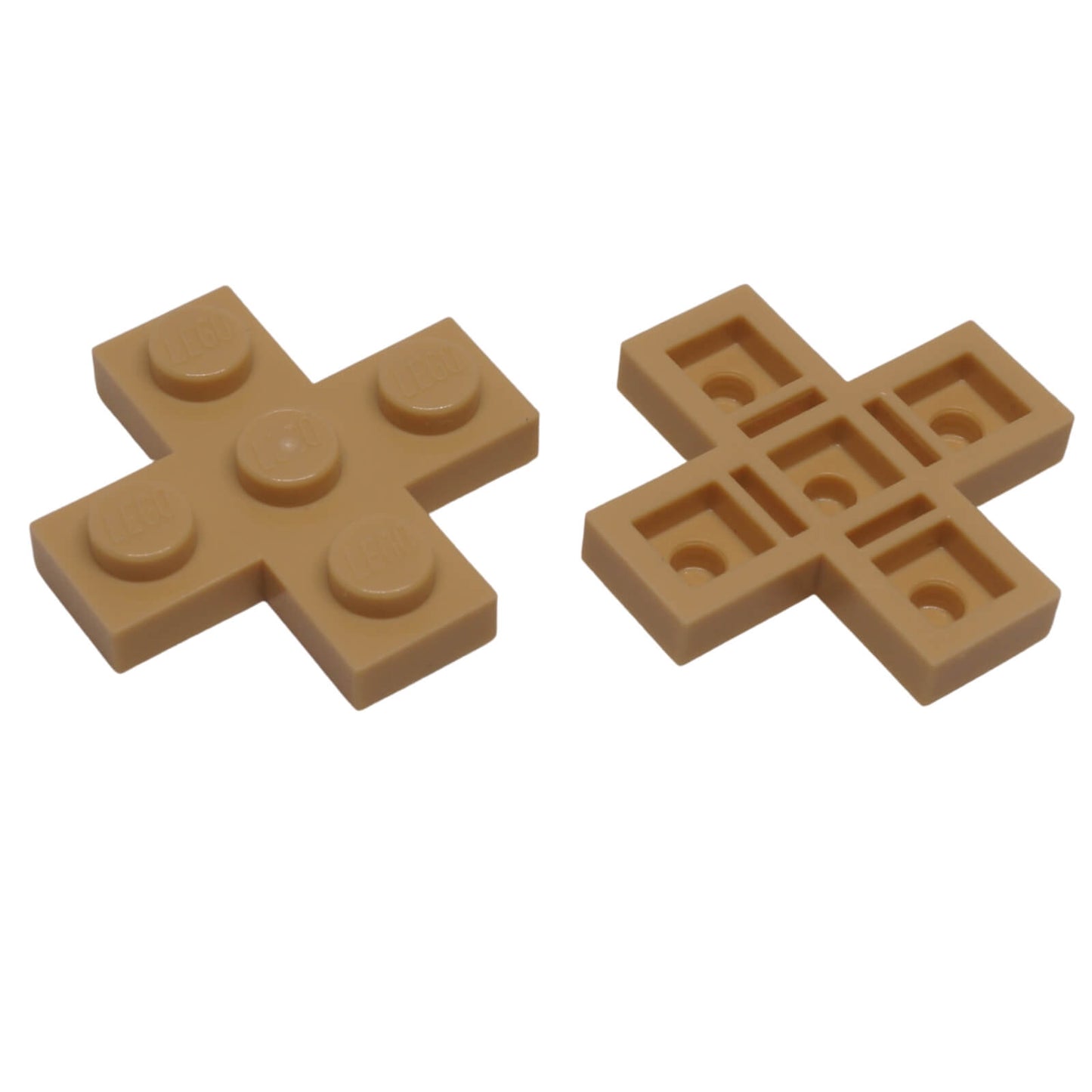 LEGO Plate 3 x 3 Cross part 15397 with five top studs and recessed underside structure tan