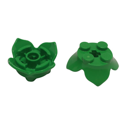 Bright green LEGO Plant Leaves 2 x 2 part 15469 with four petals and central axle hole