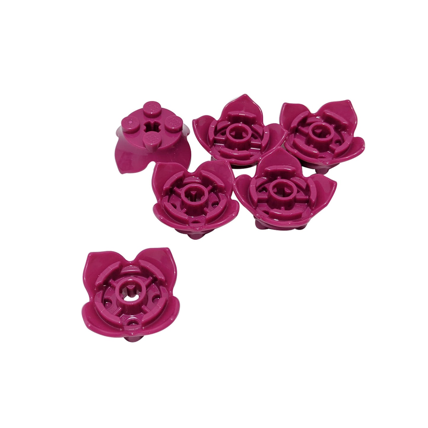 LEGO Plant Leaves 2 x 2 part 15469 with four petals and central axle hole magenta