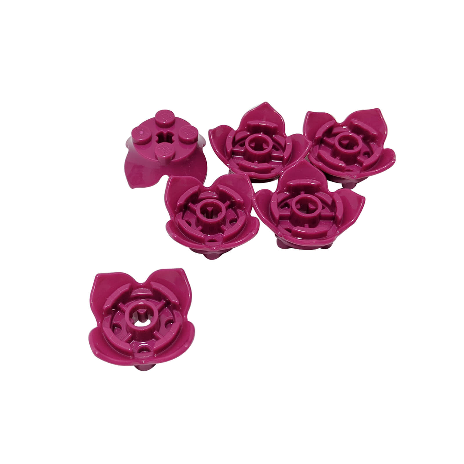 LEGO Plant Leaves 2 x 2 part 15469 with four petals and central axle hole magenta