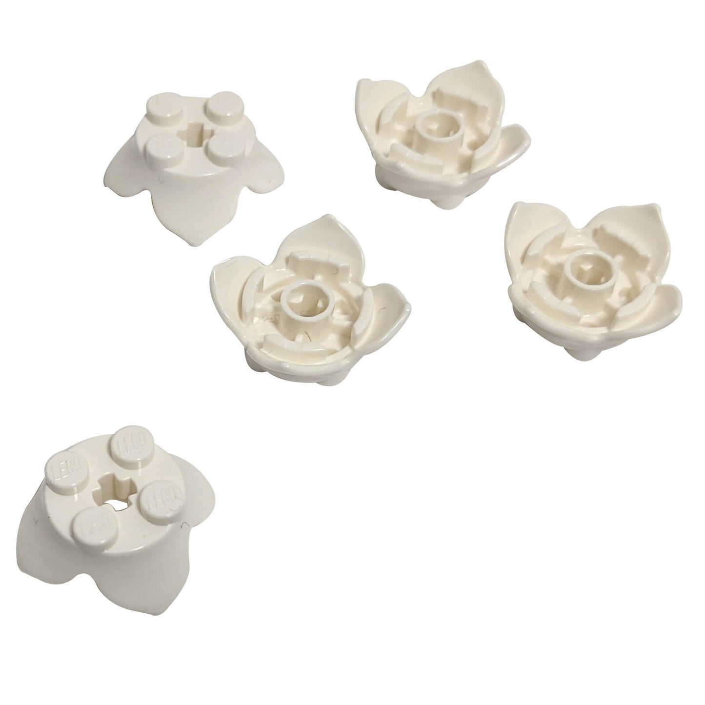 White LEGO Plant Leaves 2 x 2 part 15469 with four petals and central axle hole