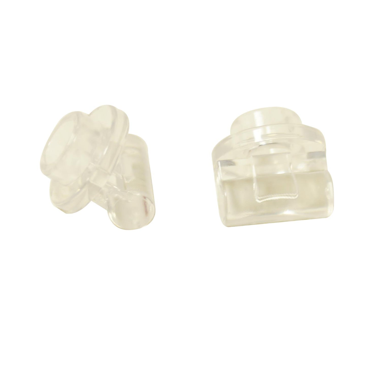 Two translucent clear LEGO Plate 1x1 Round with Handle pieces (25893) showing different angles.