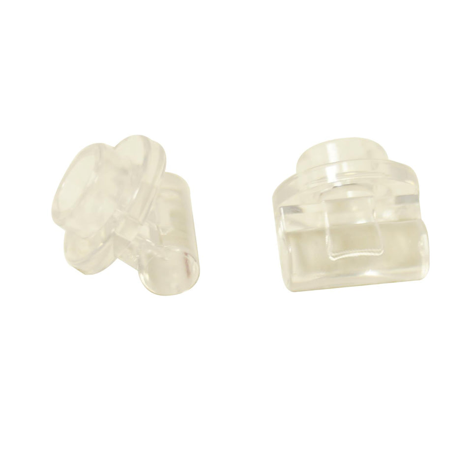 Two translucent clear LEGO Plate 1x1 Round with Handle pieces (25893) showing different angles.