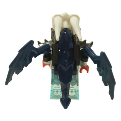 Spectral Tyr minifigure with translucent body, skull helmet, wing element, and detailed ghostly armor print,back profile view.