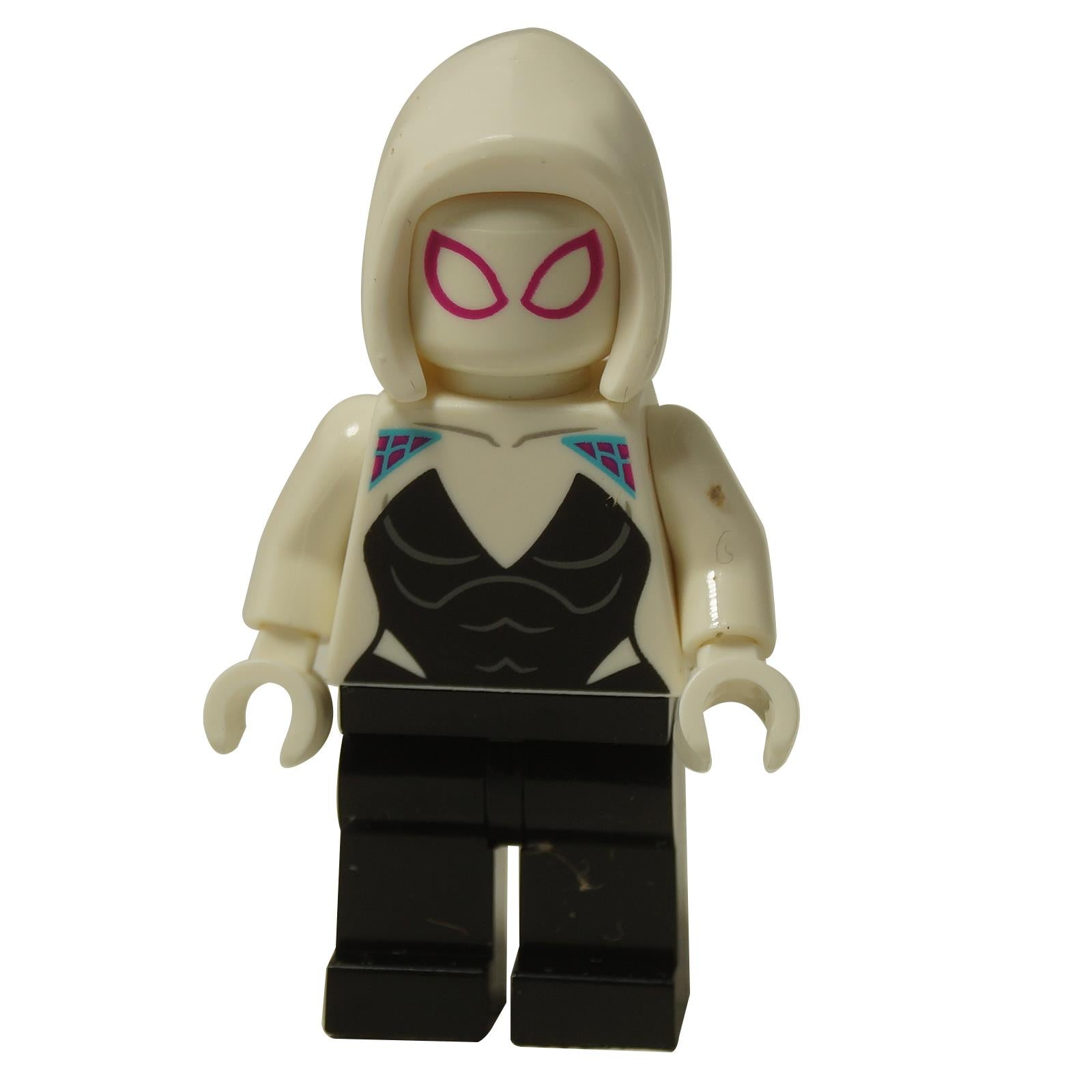 Front view of LEGO Ghost-Spider minifigure (sh0682) in white suit, black midriff, and white hood.