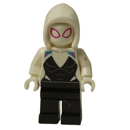 Front view of LEGO Ghost-Spider minifigure (sh0682) in white suit, black midriff, and white hood.
