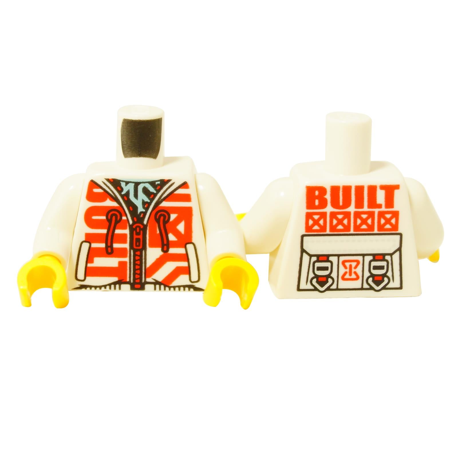 LEGO® Minifigure Torso – White "BUILT" Hoodie with Red Zipper & Harness (973pb6009c01).   Features bold red print and utility belt detailing, perfect for construction or city-themed minifigures.  