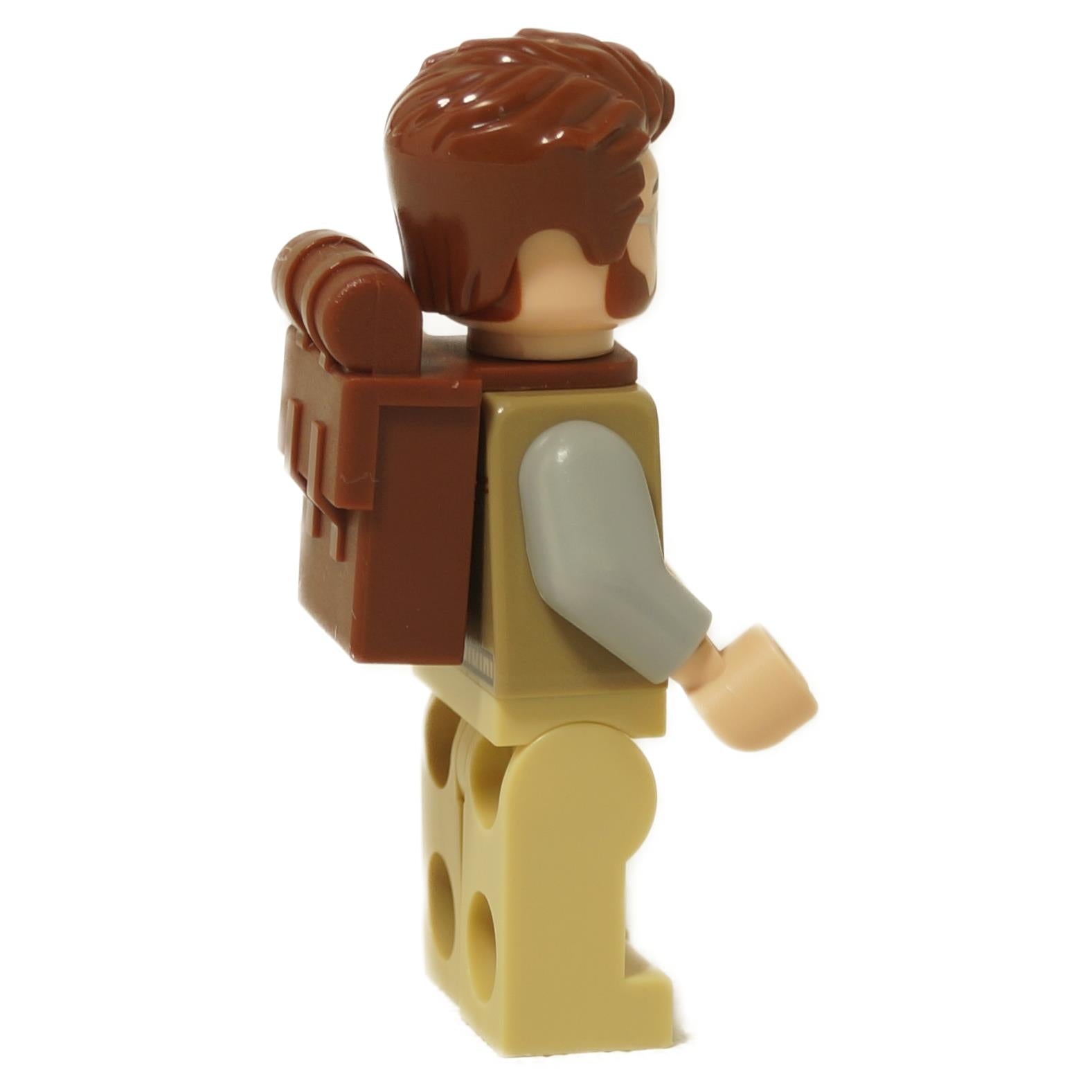 Side view of the LEGO® Jurassic World Dr. Henry Loomis minifigure (jw136) with a brown backpack accessory attached to his back.