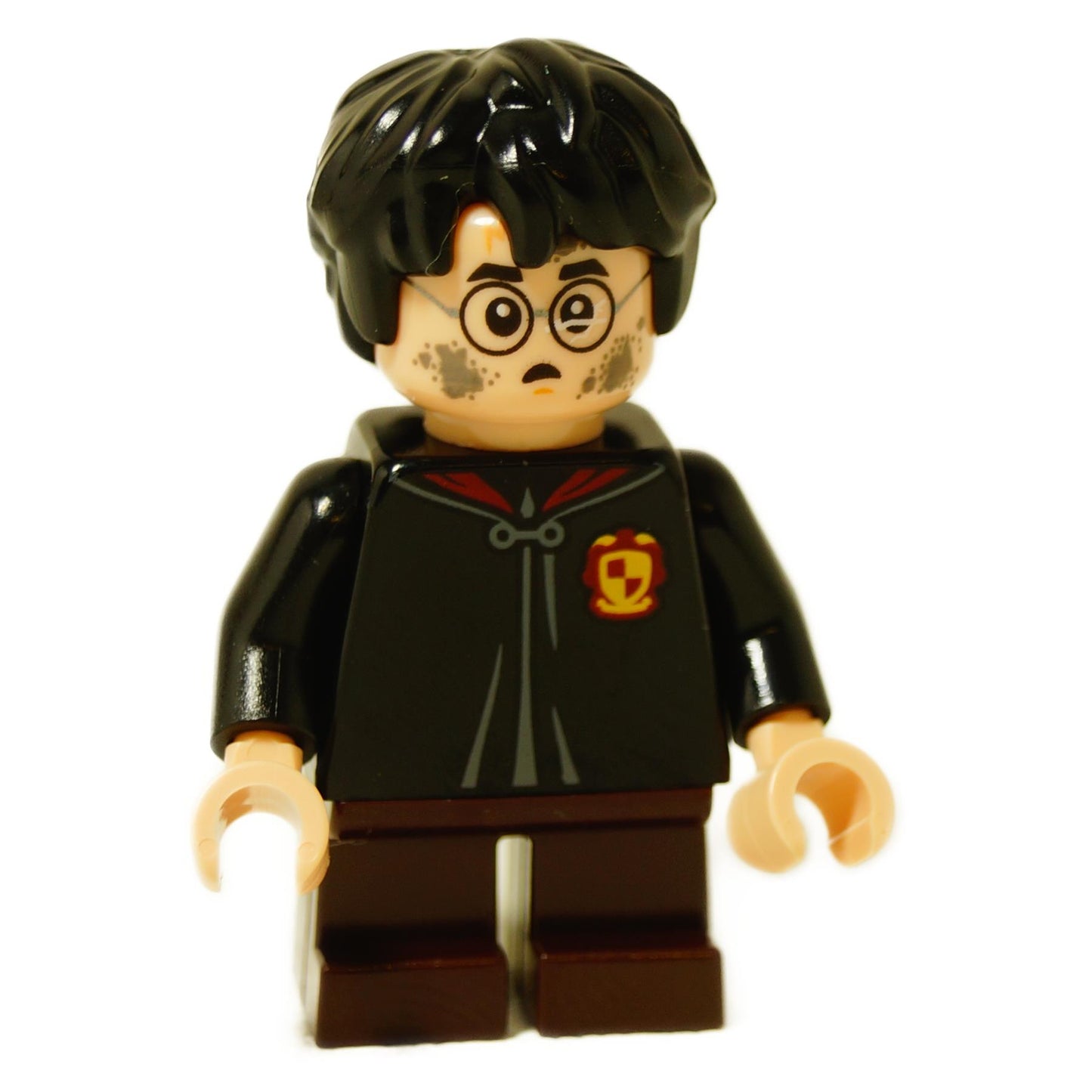 Front view of LEGO Harry Potter minifigure (hp247) with soot smudges on face, glasses, and black robe.