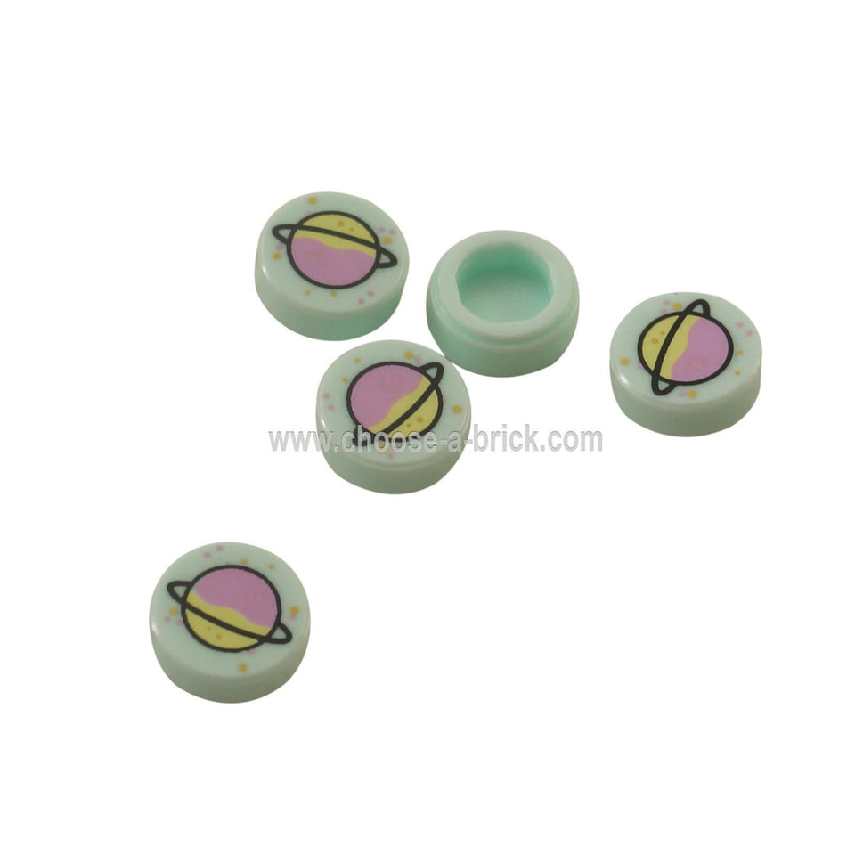 Aqua Deschis Placă, Rotundă 1 x 1 cu Lavandă și Verde Galbui Planetă cu Inel și Aur și Metallic Roz Model cu Puncte