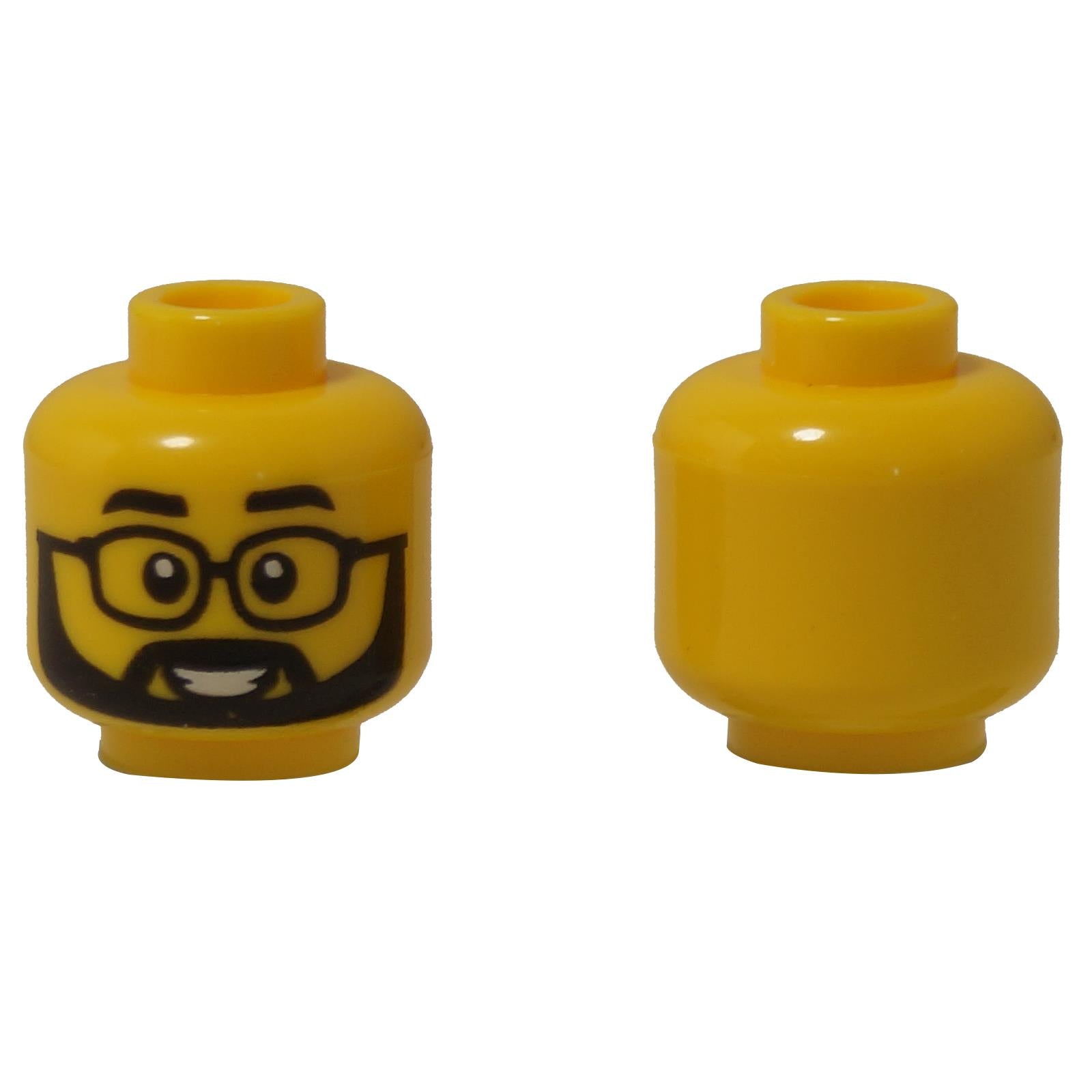 LEGO® minifigure head 3626pb3228 in yellow with glasses, black beard, and an open-mouth smile showing teeth, printed on one side.