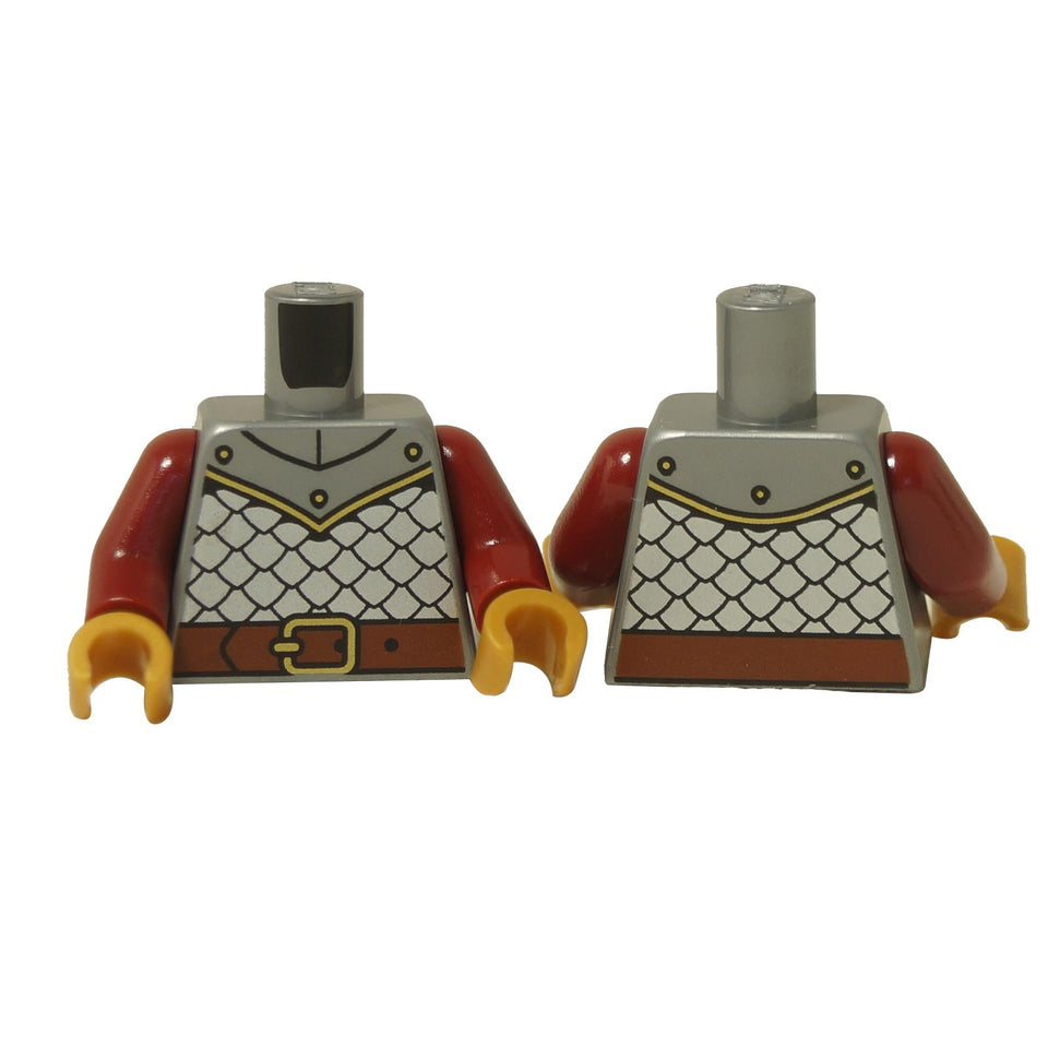LEGO® torso with silver chainmail armor print, red sleeves, and brown belt detail with buckle on the front and rivets on the back.