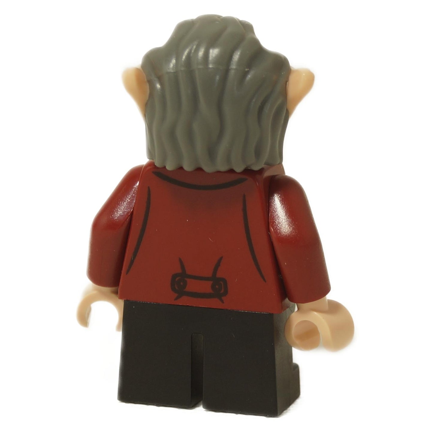 Minifigura de LEGO Harry Potter Griphook el goblin (hp138) con una chaqueta roja oscura y sonriendo, mostrada de frente. Vista trasera.