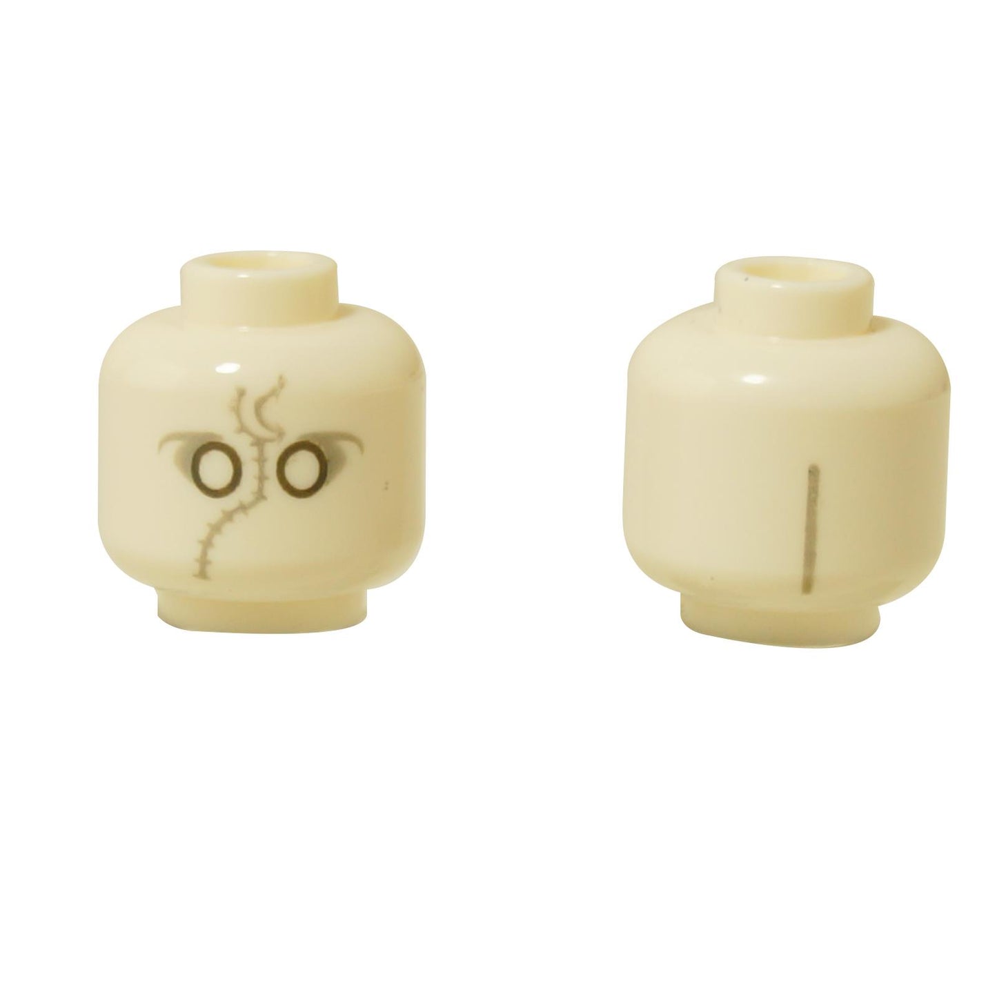 Cabeza de minifigura LEGO® 3626pb3455 en blanco con costuras negras y un diseño de ojos circulares, que presenta un sutil diseño de luna en un lado.