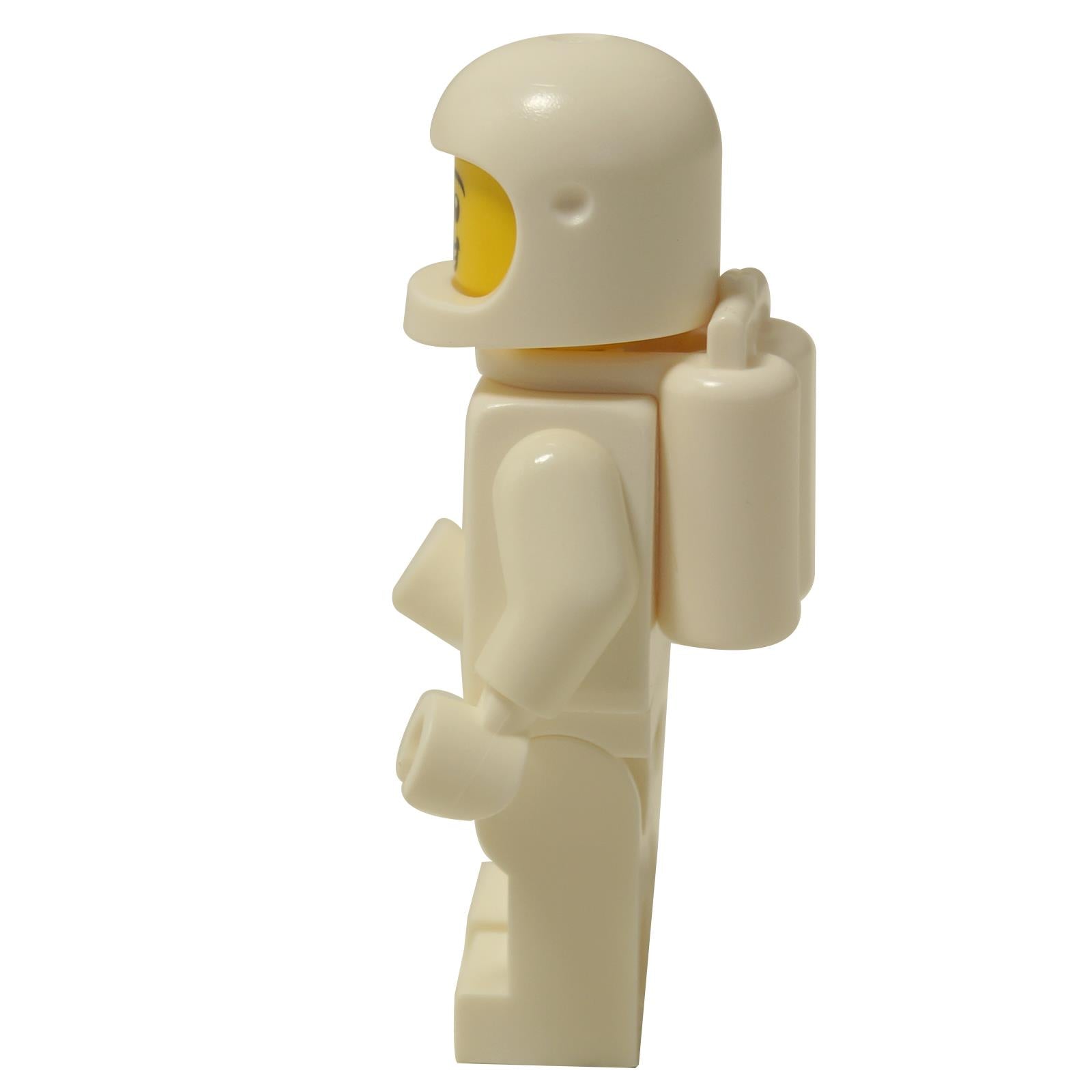  LEGO® Classic Space White Spaceman minifigure (sp143) with the classic space logo on the torso, a white helmet, and a smiling face. Side View.