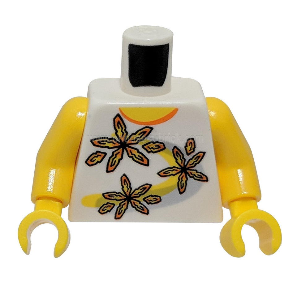 Branco Camisa Torso 3 Flores sobre Amarelo e Padrão de Risca Prateada (Snap) - Braços Amarelo - Mãos Amarelo