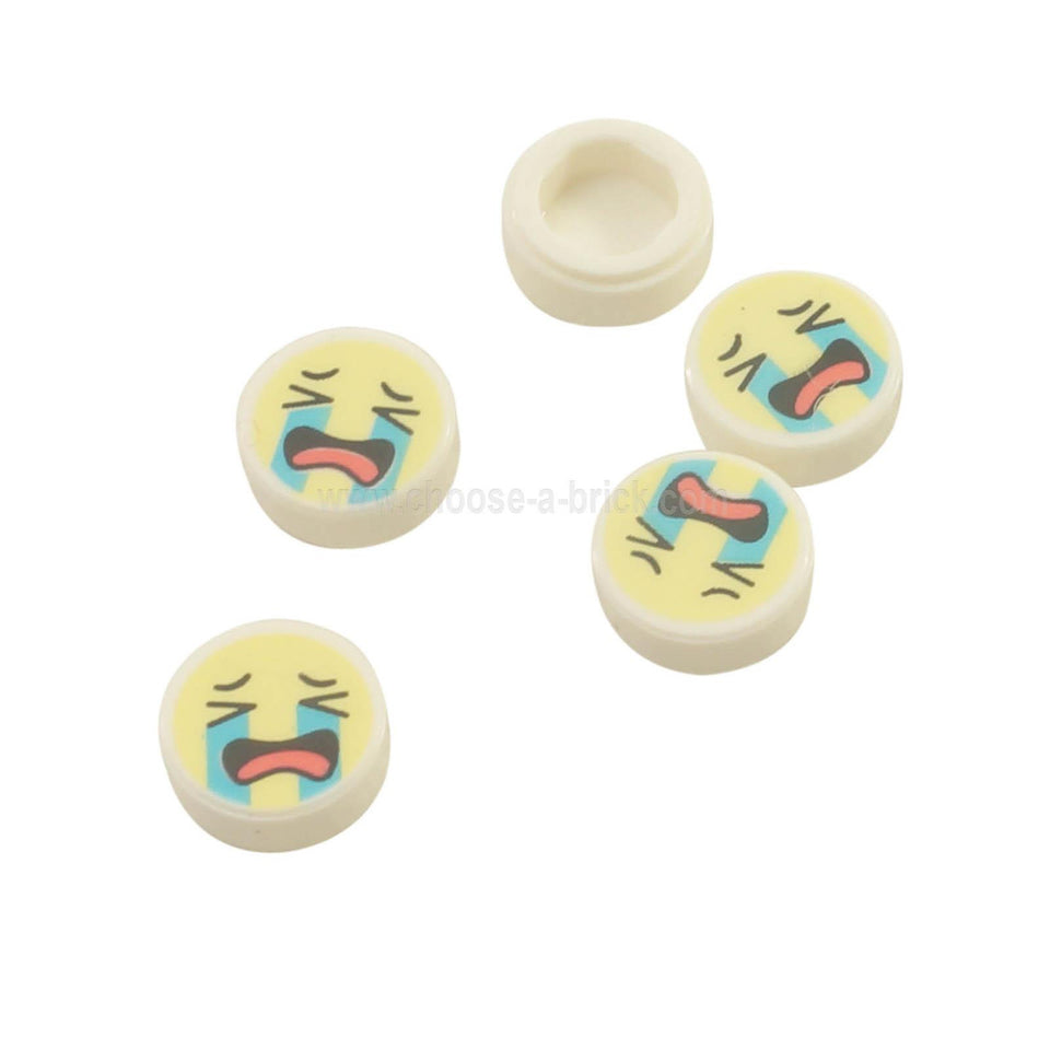 Bianco Piastrella, Rotonda 1 x 1 con Emoji, Giallo Chiaro Faccia, Piangente Azzurro Medio Flussi di Lacrime, Bocca Aperta con Corallo Motivo Lingua