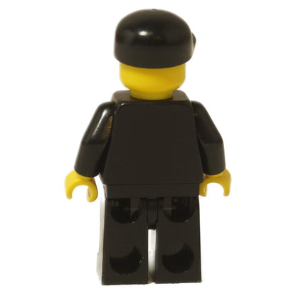 LEGO City Police Officer minifigure (cty0106) wearing a black suit, black cap, and sunglasses with a stubble beard print. Back view.