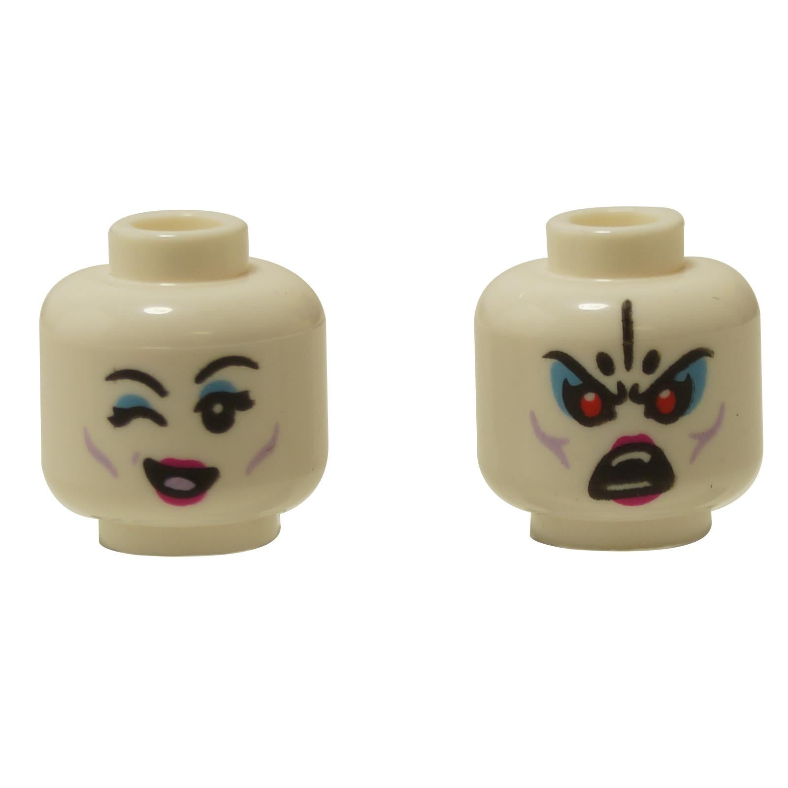 Front and alternate side views of the LEGO® minifigure head (3626pb3498) featuring two expressions — a cheerful winking face with pink lips and blue eyeshadow, and an intense red-eyed angry face with dark markings and purple cheek accents.