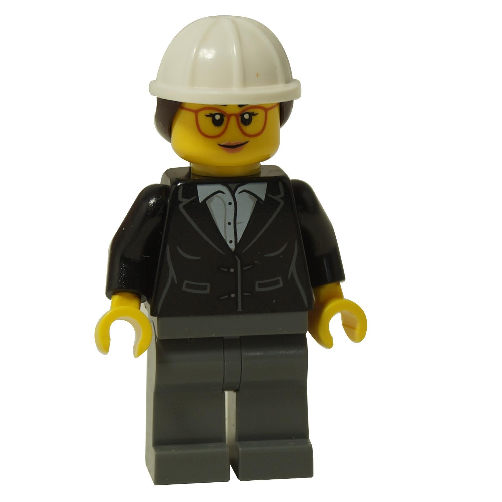 LEGO Rakennusinsinööri minifiguuri (cty1816) etunäkymä, jossa on valkoinen kypärä, lasit ja musta takki vaaleansinisen paidan päällä.