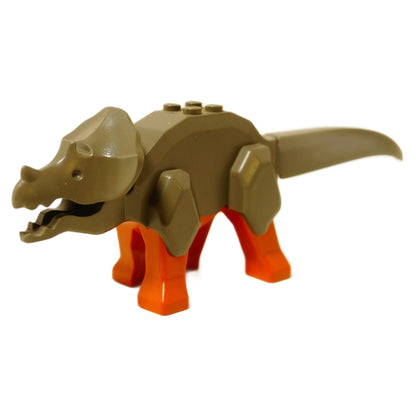LEGO Toy triceratops dinosaur model made from interlocking bricks on a white background, side profile view
