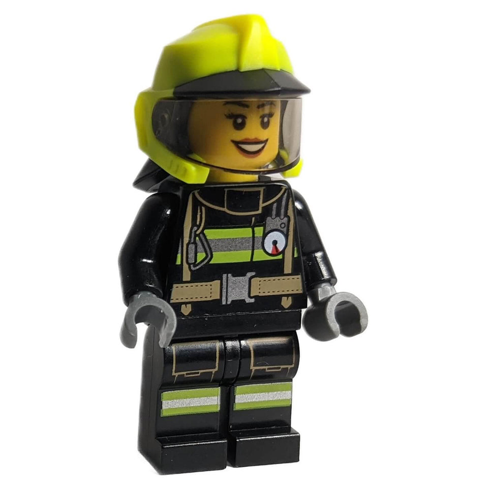 Fuoco - Femmina, Giacca nera e gambe con strisce riflettenti, Casco da pompiere giallo neon, Trans-nero V 