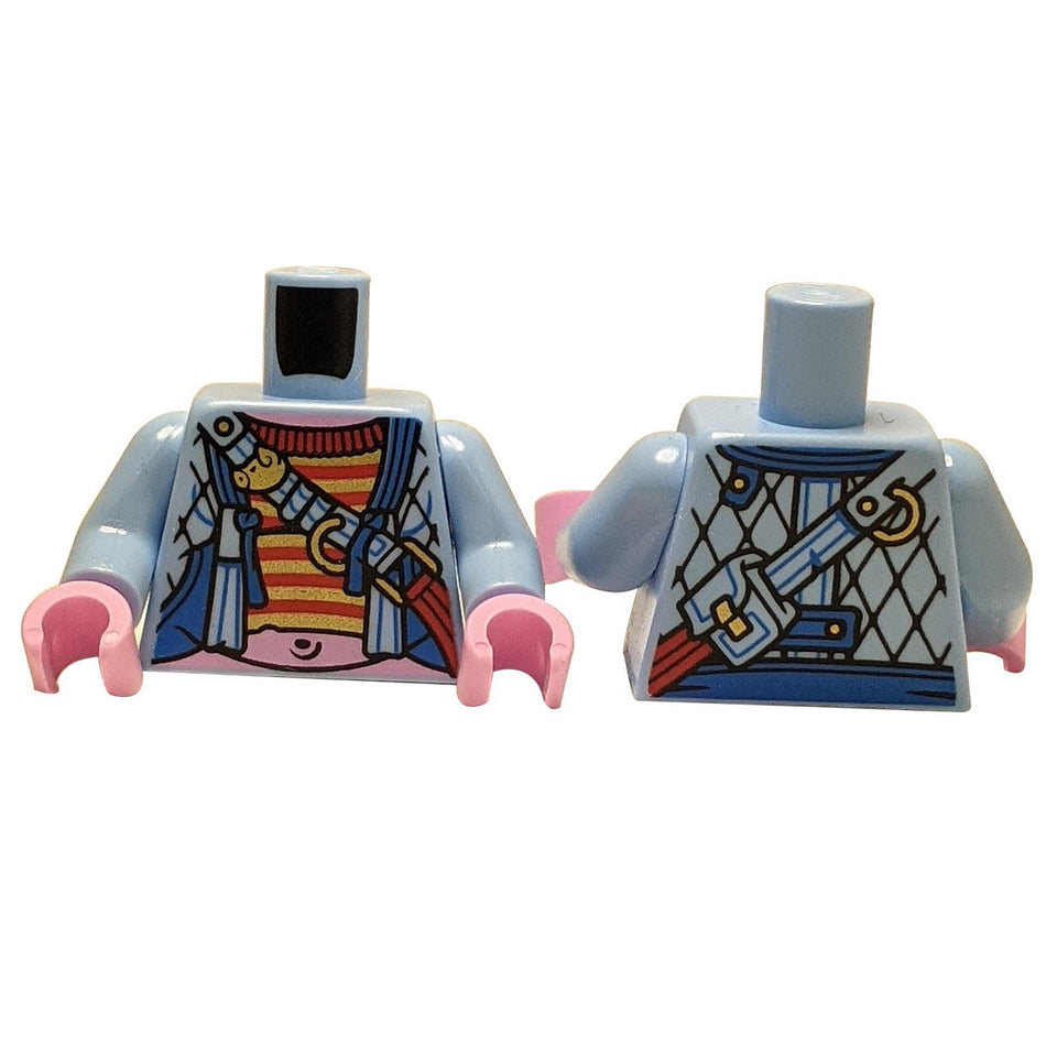 LEGO Minifiguren-Oberkörper, blau-rosa Tunika mit Schwertgurt, Vorder- und Rückseite