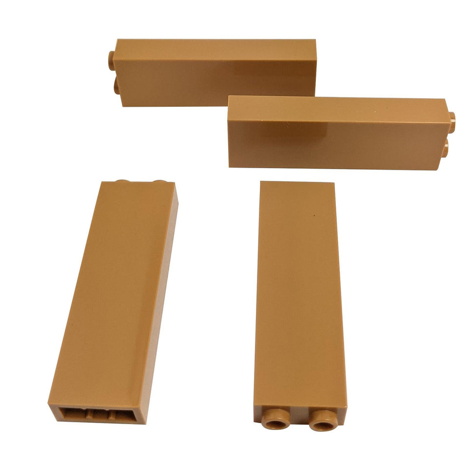 Four medium nougat LEGO 1x2x5 bricks shown from multiple angles.