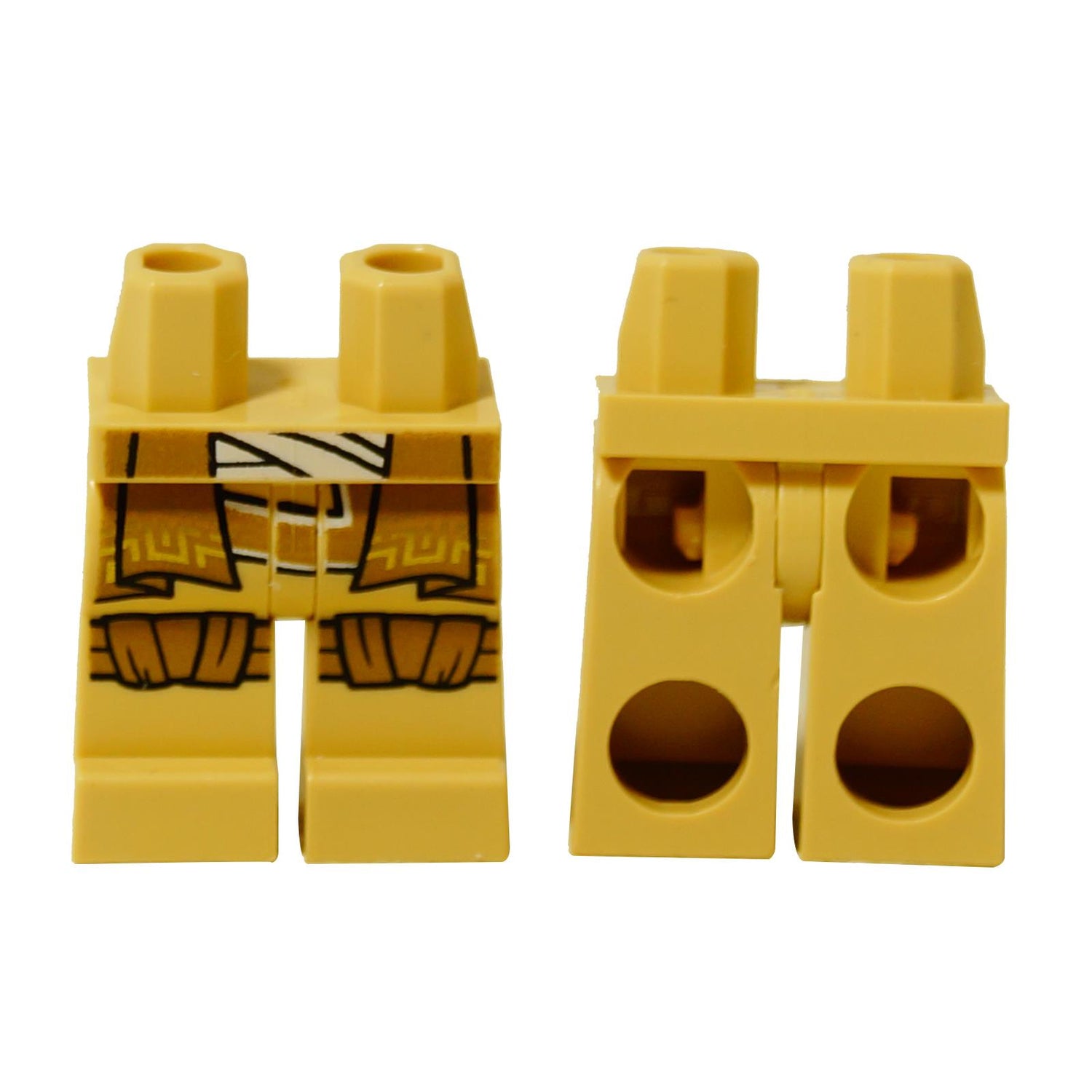 LEGO® minifigure legs in tan with gold robe print and white sash detail, printed lower body piece