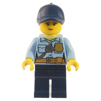 Police - City Officer Female, Bright Light Blue Shirt with Badge and Radio, Dark Blue Legs, Dark Blue Cap with Dark Orange Ponytail, Pensive Smile