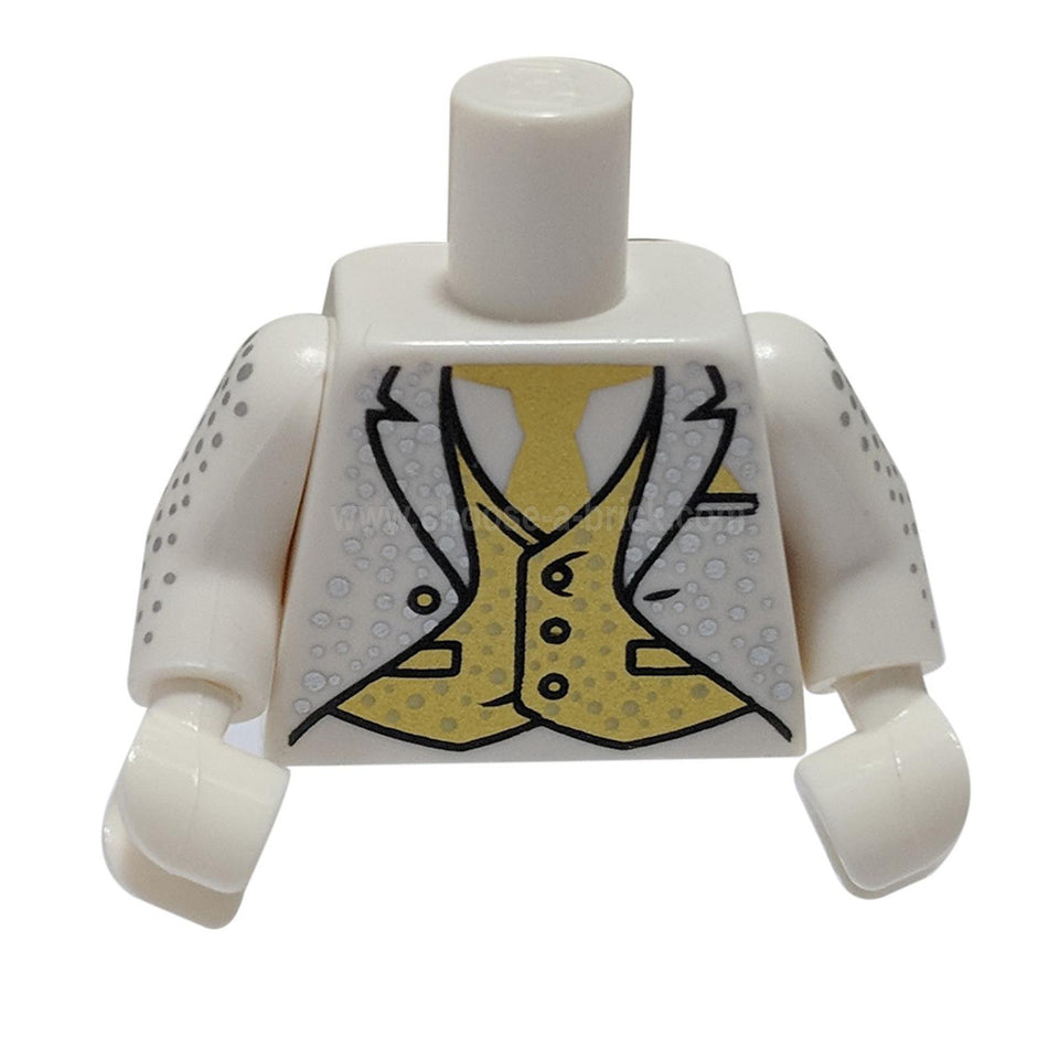 Torso de esmoquin con corbata dorada y chaleco, patrón de motas plateadas / Blanco Brazos con patrón de motas plateadas