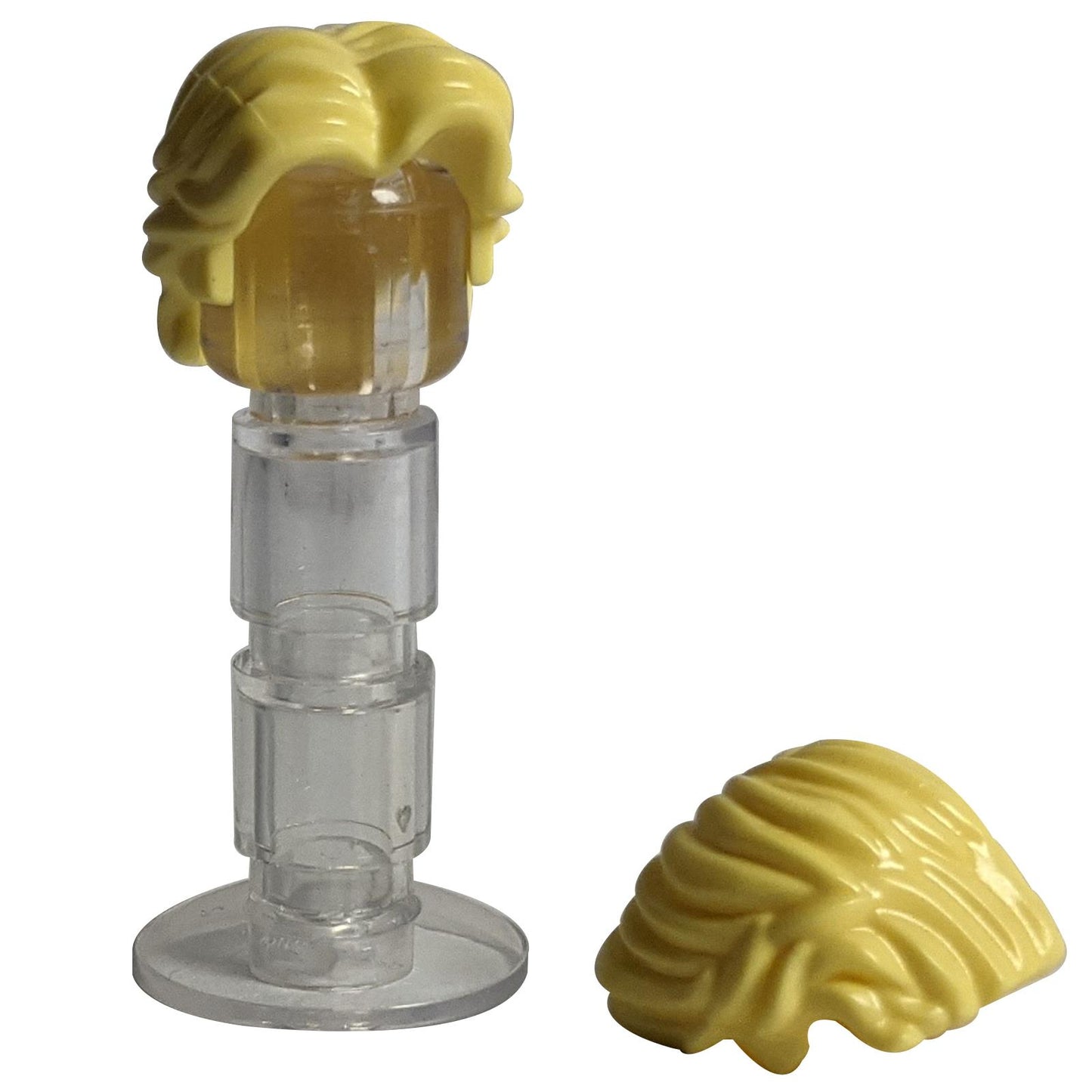 LEGO® minifigure hair short wavy with center part (part 26139) in bright light yellow featuring layered wavy hairstyle
