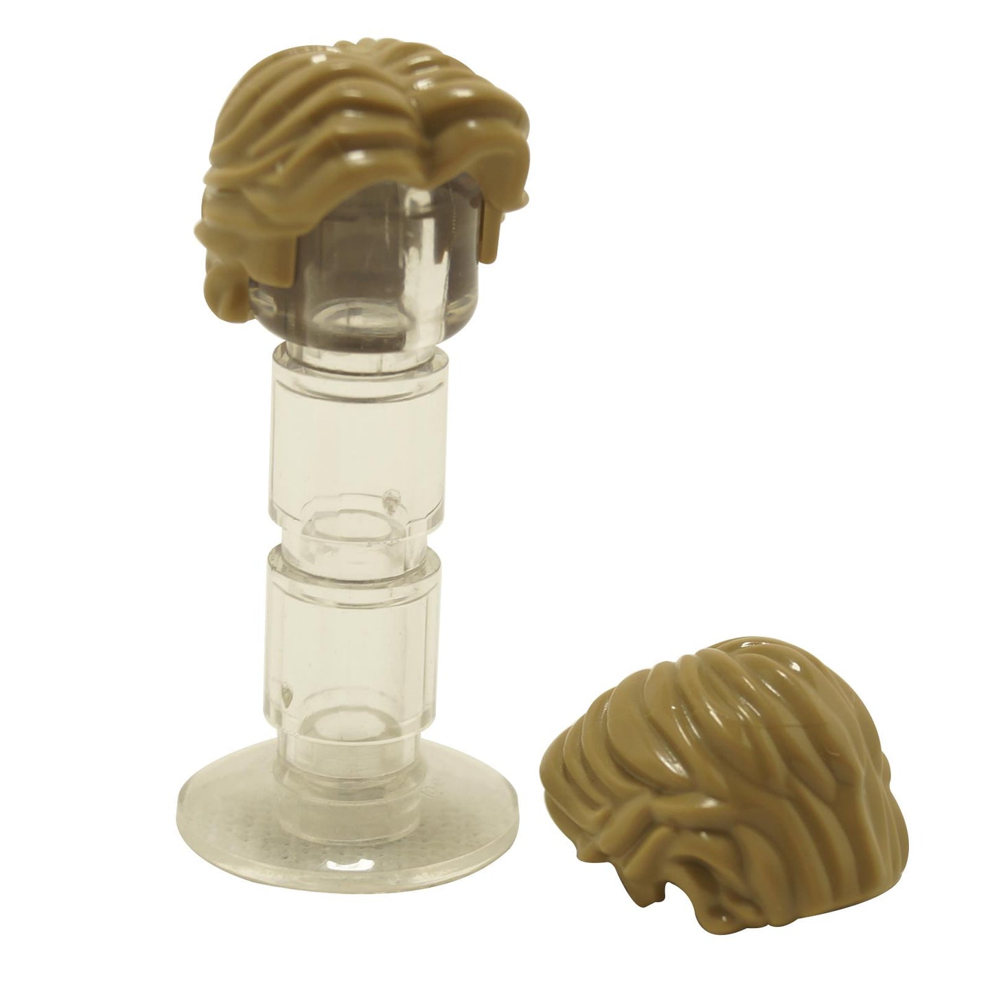 LEGO® minifigure hair short wavy with center part (part 26139) in dark tan featuring layered wavy hairstyle
