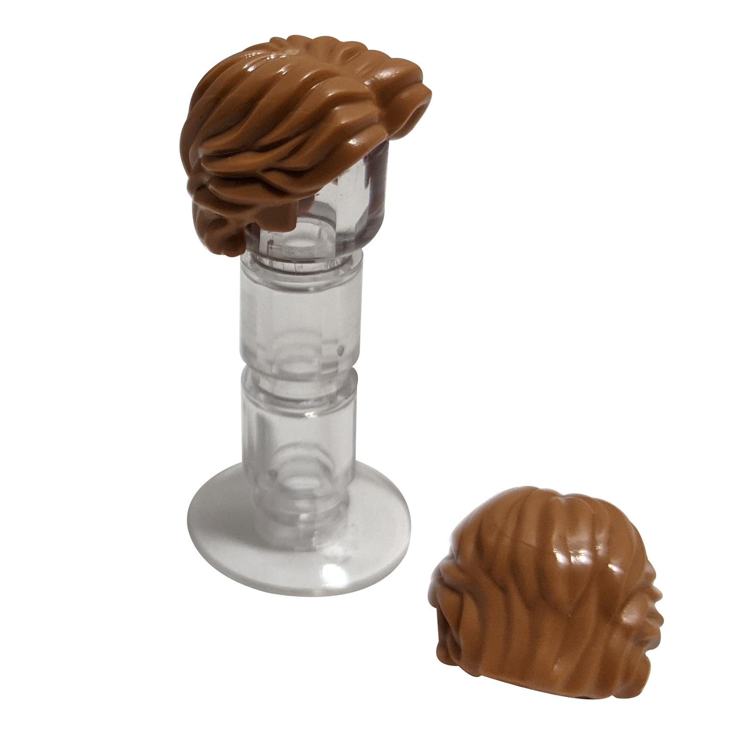 LEGO® minifigure hair short wavy with center part (part 26139) in medium nougat featuring layered wavy hairstyle
