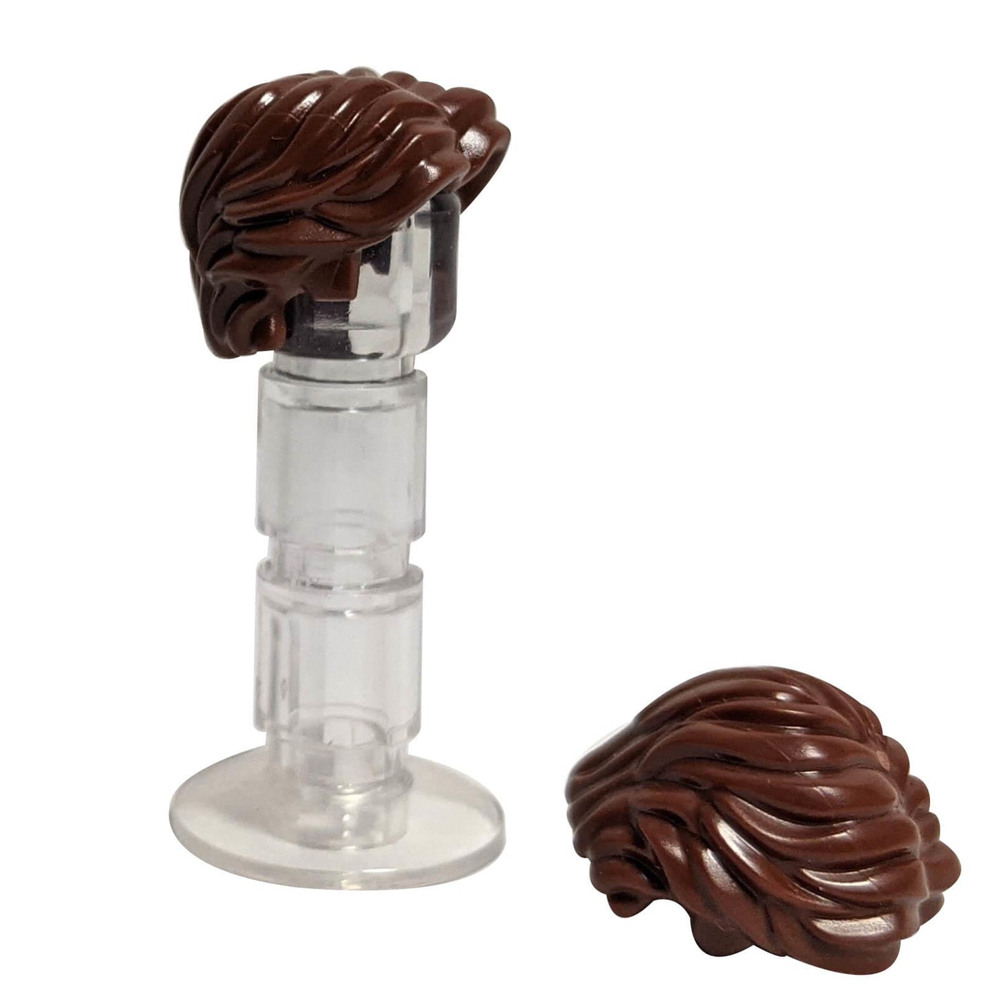 LEGO® minifigure hair short wavy with center part (part 26139) in reddish brown featuring layered wavy hairstyle
