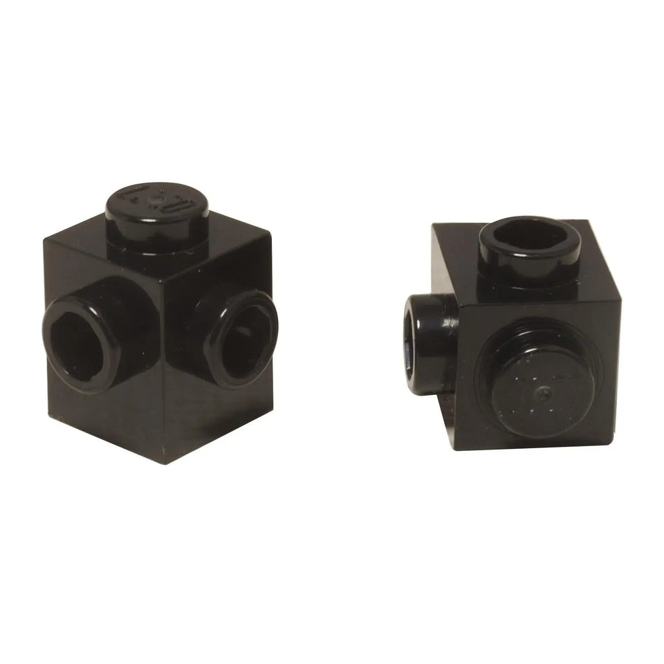 LEGO® Modified Brick 1x1 with studs on two adjacent sides in black, great for SNOT and detailed MOC building.

