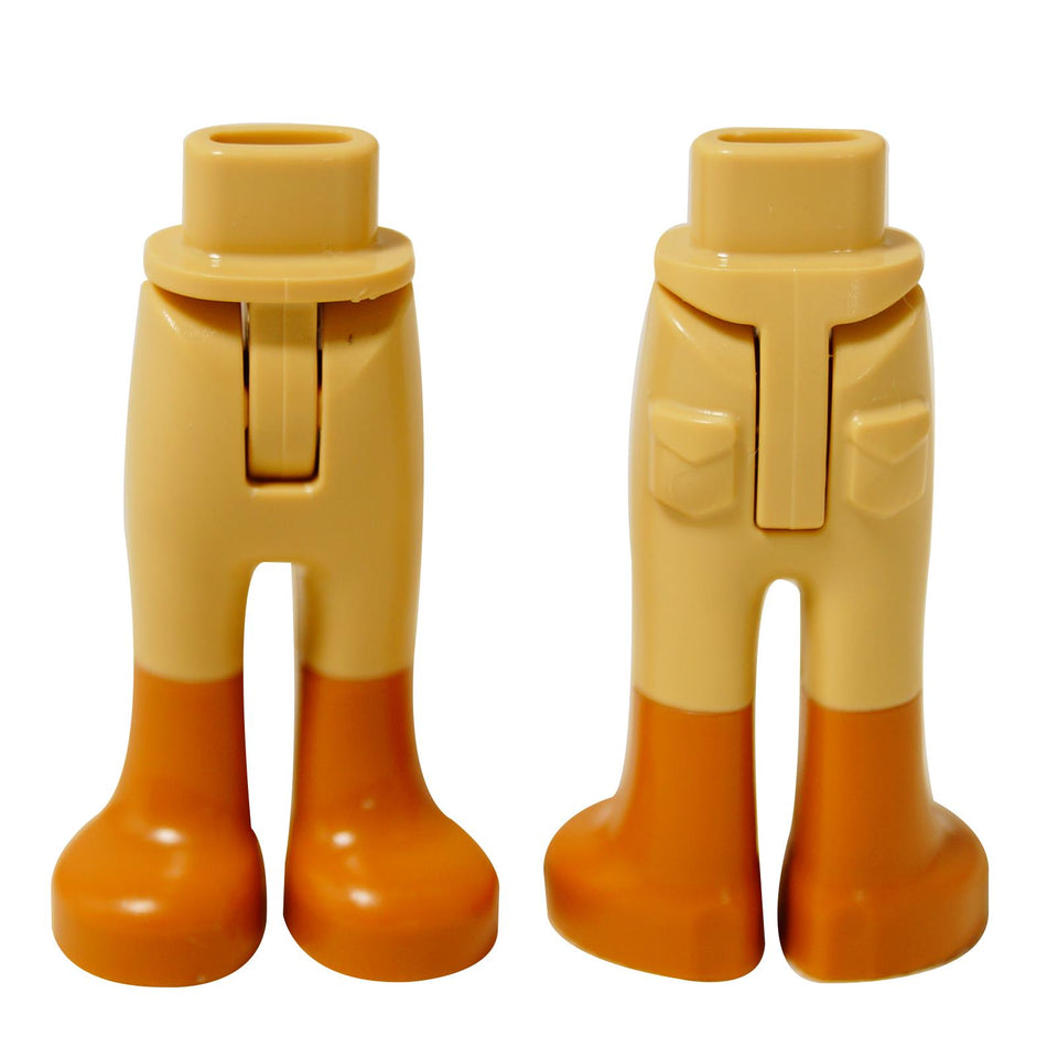 Front view of LEGO mini-doll trousers (67072) in tan with medium nougat boots and printed belt pockets.