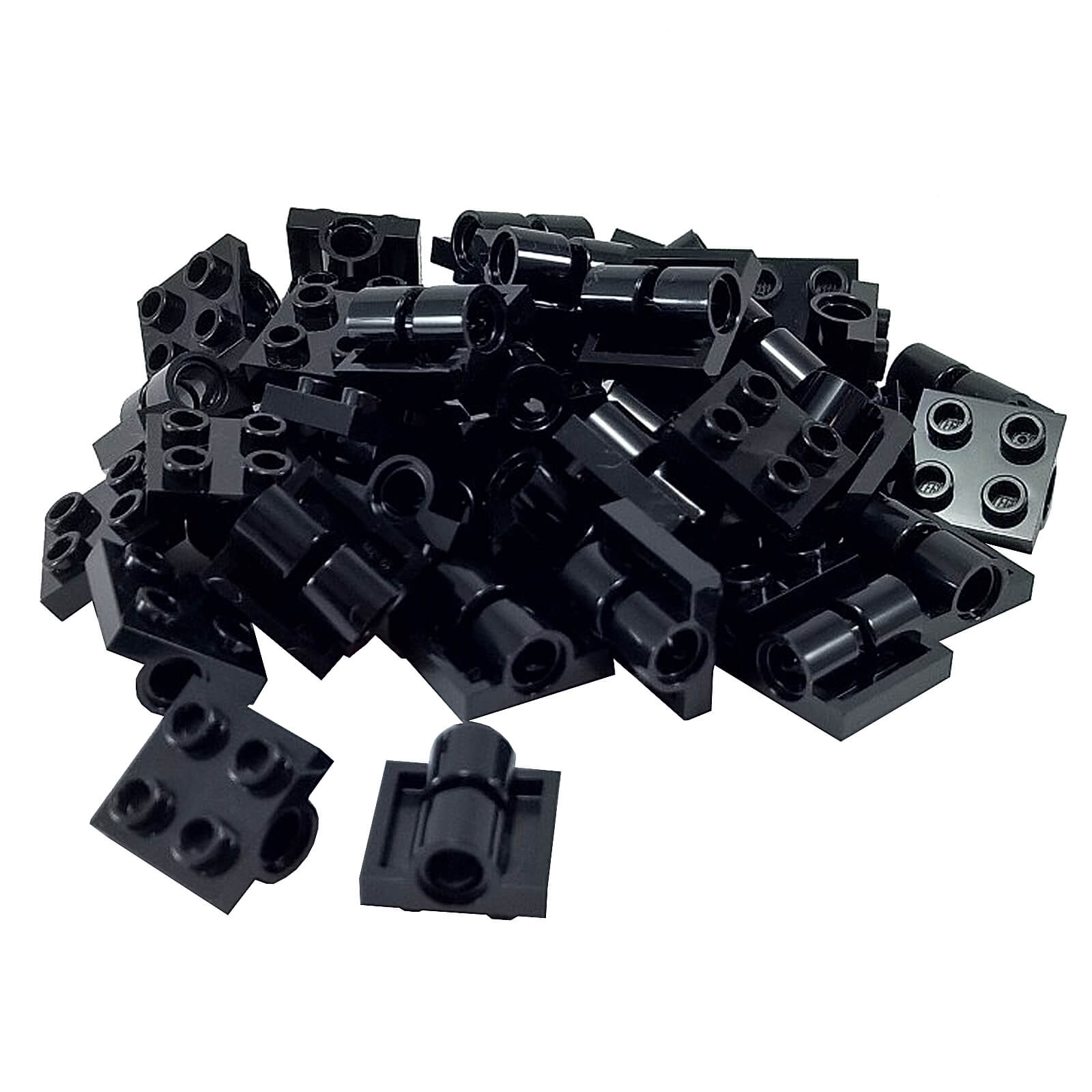 LEGO® modified plate 2 x 2 with pin holes (part 2817) in black used for Technic connections, structural support, and advanced building techniques
